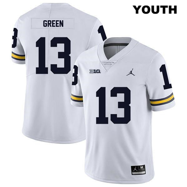 Youth NCAA Michigan Wolverines German Green #13 White Jordan Brand Authentic Stitched Legend Football College Jersey HN25Z10AV